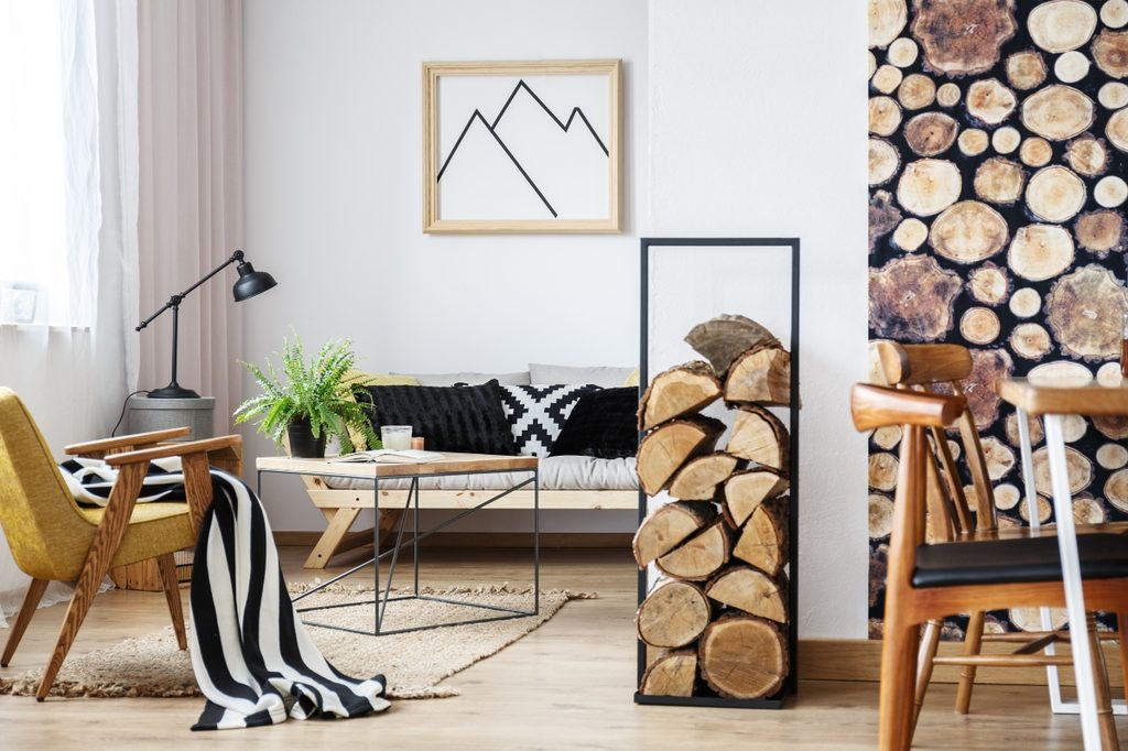 modern rustic living space with wood stack and modern furniture