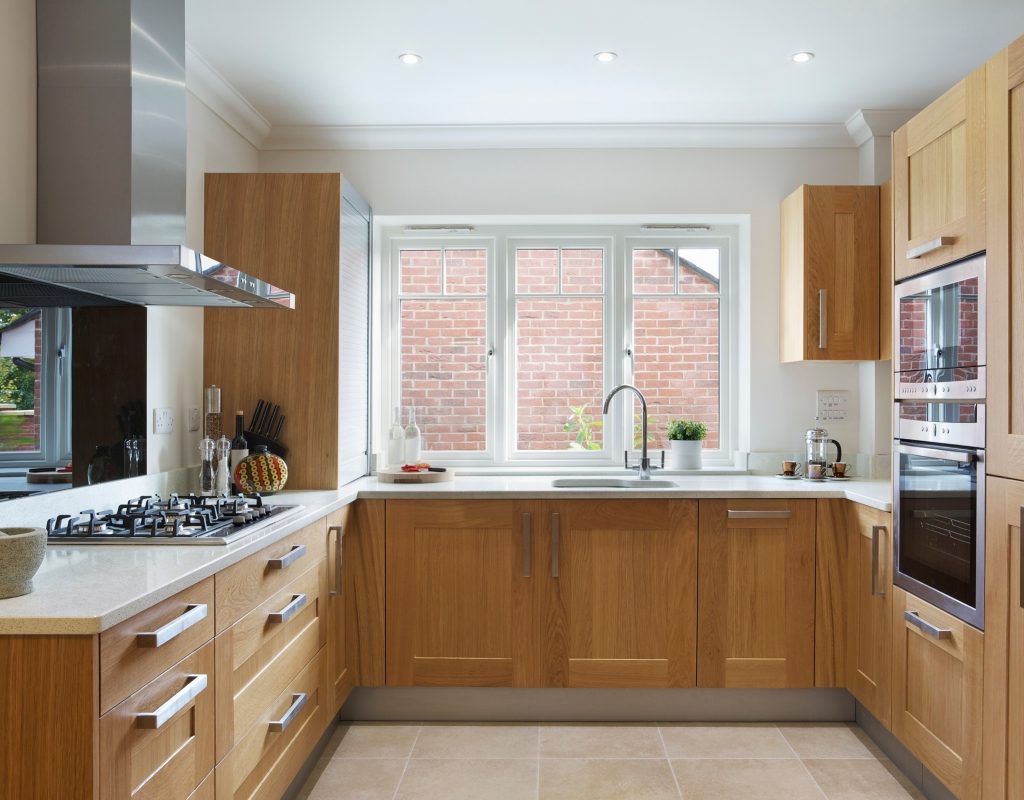 Oak cabinets in a small apartment kitchen