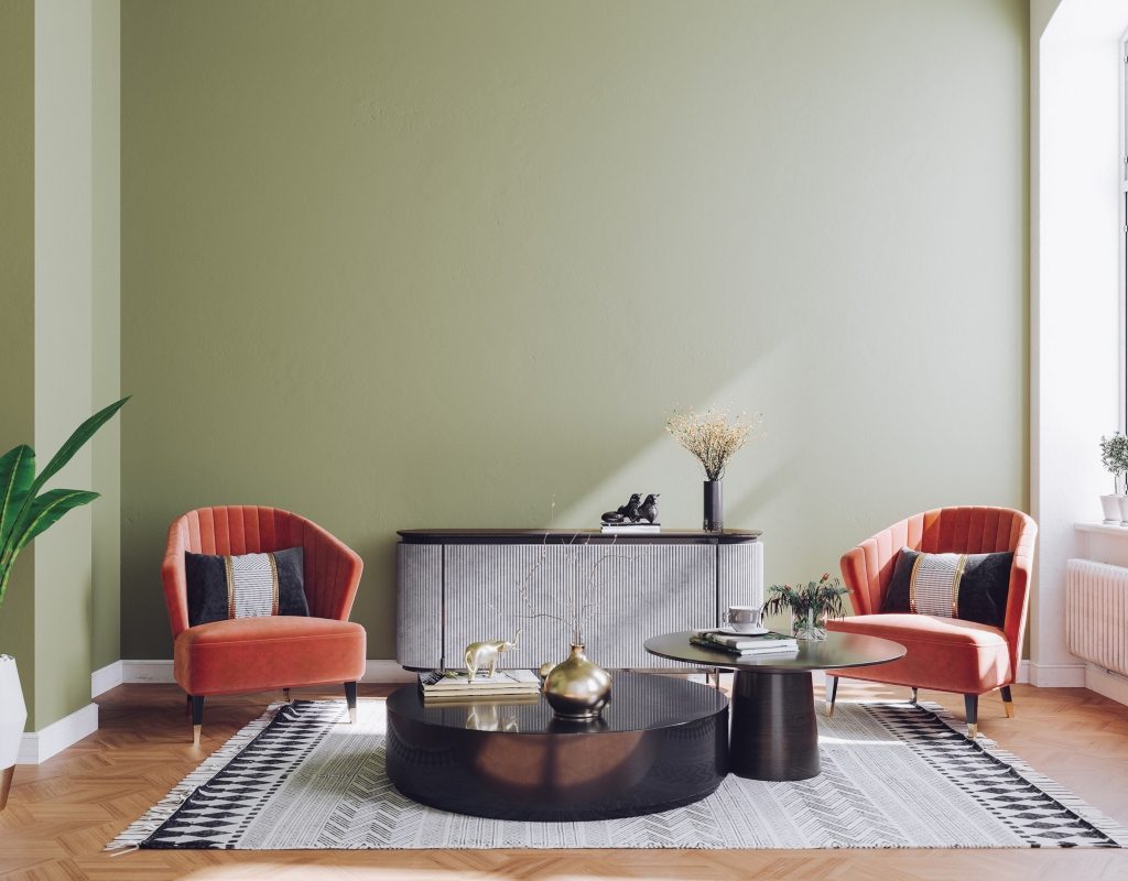 Pale green wall paint color with retro decor