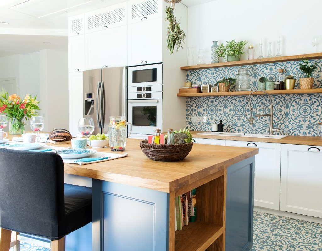 rustic mediterranean kitchen design with blue tile backsplash