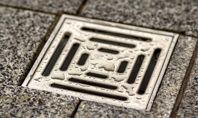 Square floor drain surrounded by tile