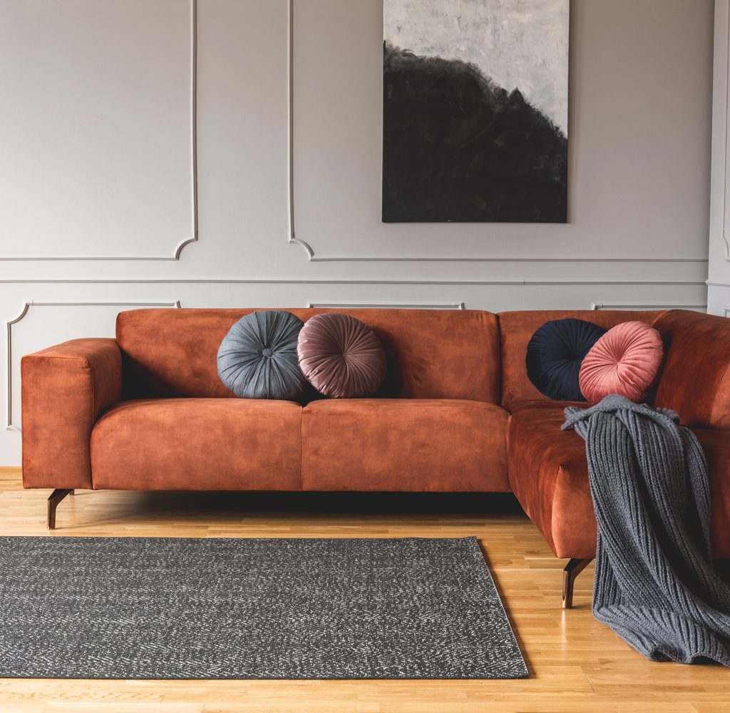 grayish black rug in front of orange couch on light hardwood floor