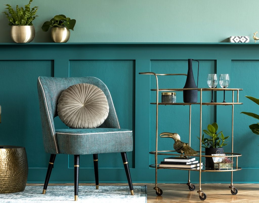 blue and turquoise room decor with metal details