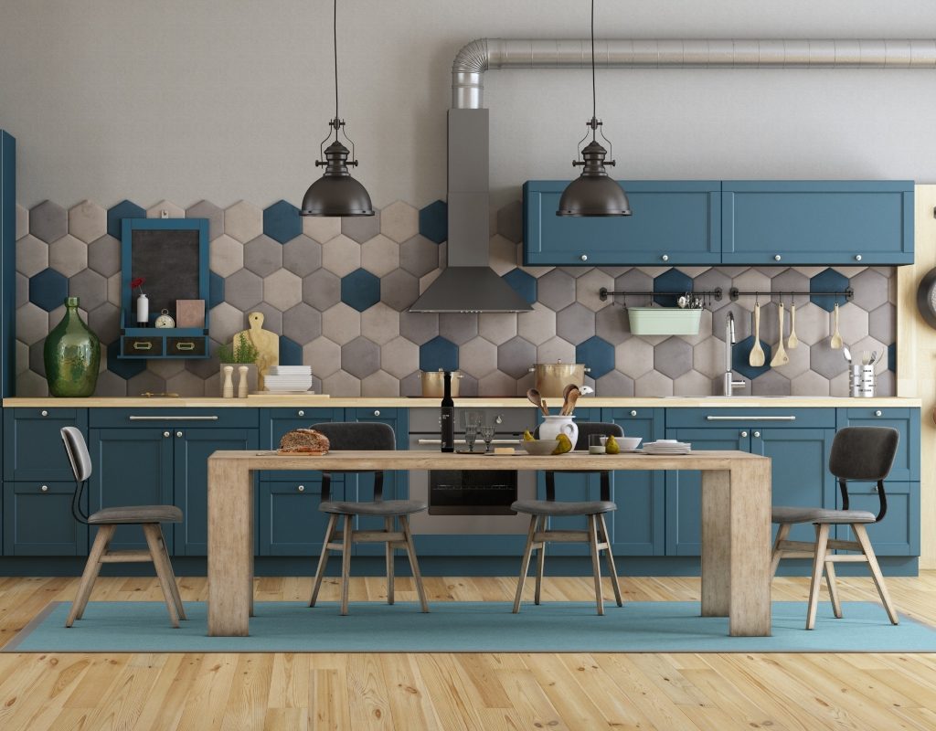 blue and tan color palette in midcentury modern kitchen with geometric tile backsplash