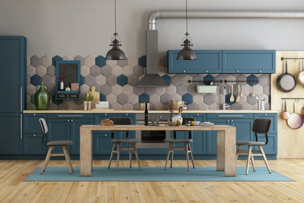 blue and tan color palette in midcentury modern kitchen with geometric tile backsplash