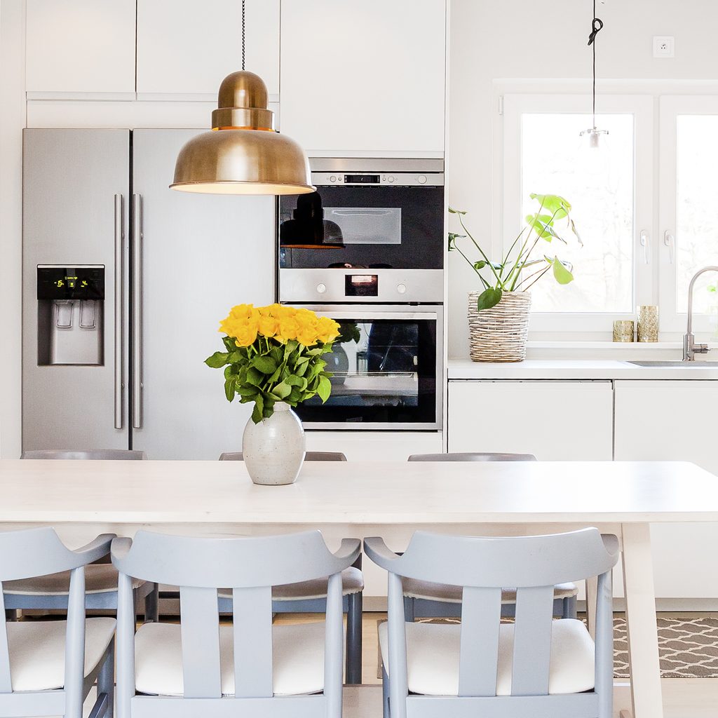 Clean, bright kitchen with seating