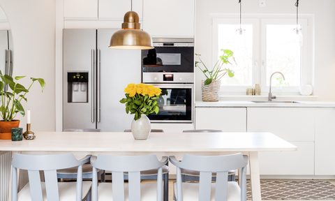 Clean, bright kitchen with seating