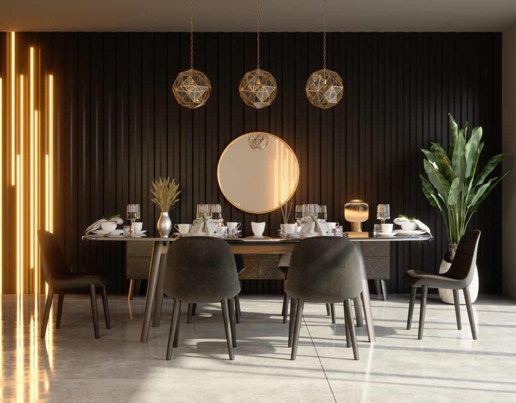 Dark brown luxe modern dining room with pendant lighting
