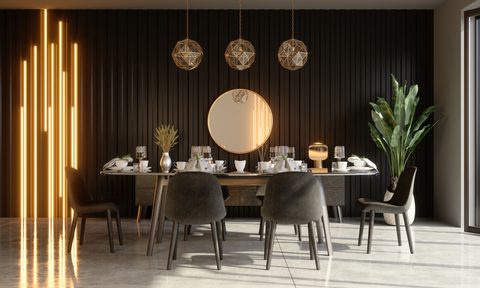 Dark brown luxe modern dining room with pendant lighting