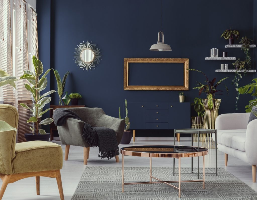 dark blue modern room with bronze metal decor