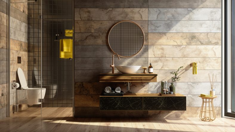 Luxury bathroom Interior with shower, toilet, mirror, and yellow towels