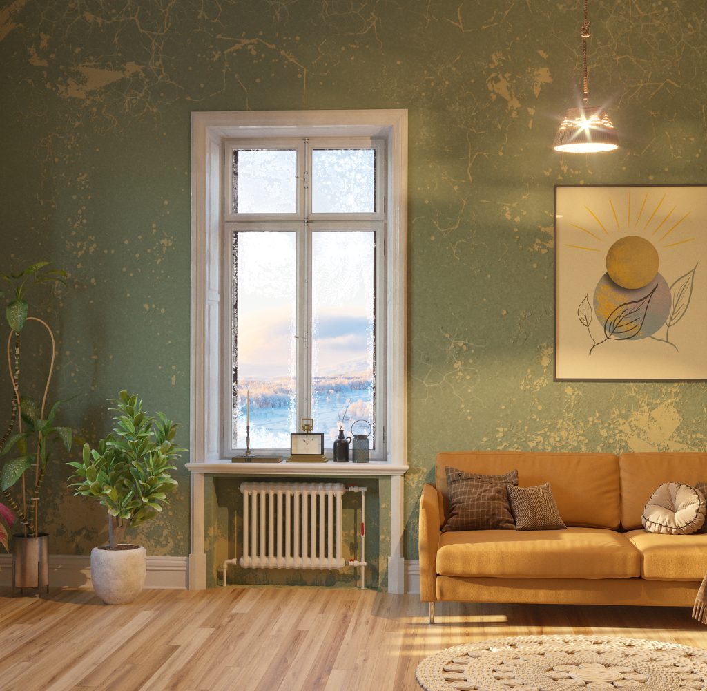 Green living room with brown couch.