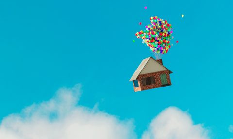 House being carried away by a bunch of balloons.