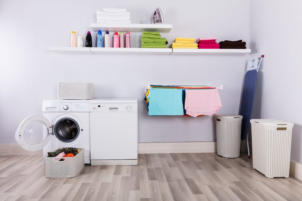 High-up shelves in laundry room.