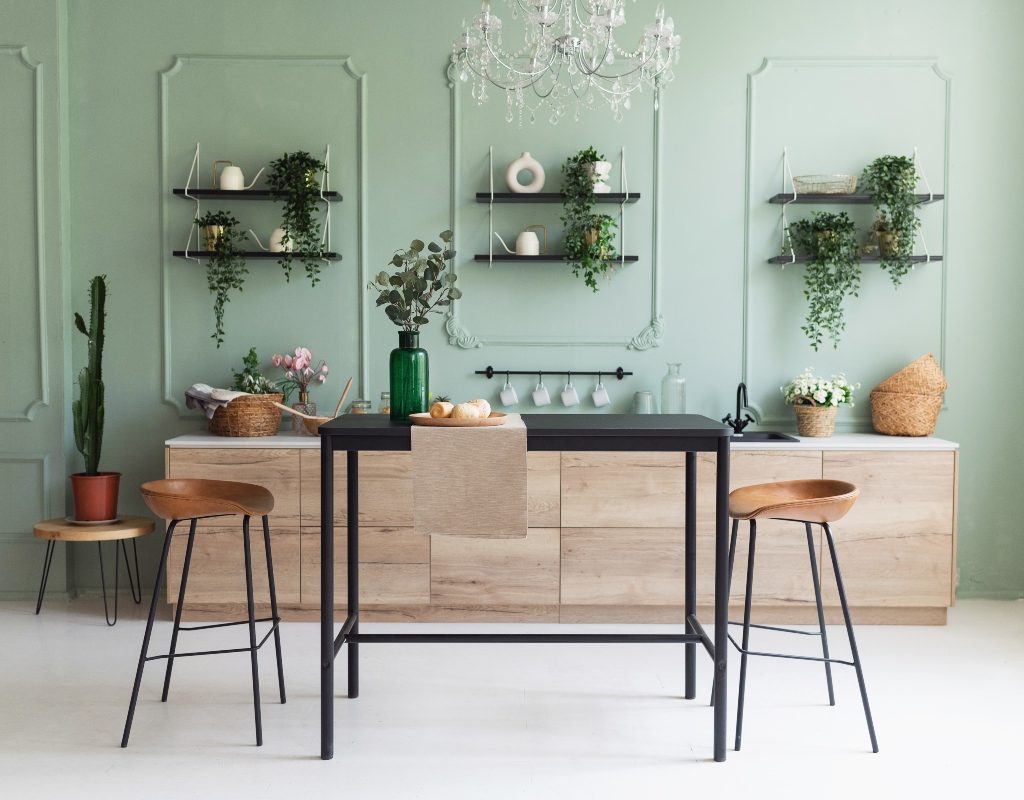 mint walls in midcentury modern dining kitchen area