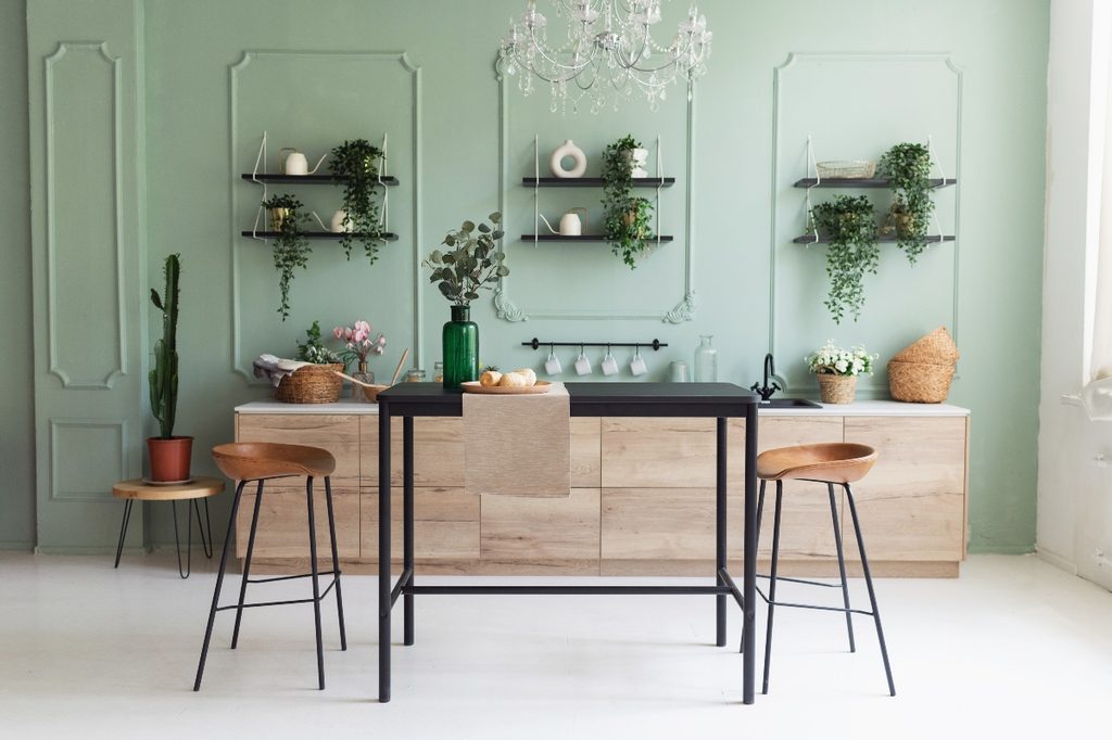 mint walls in midcentury modern dining kitchen area