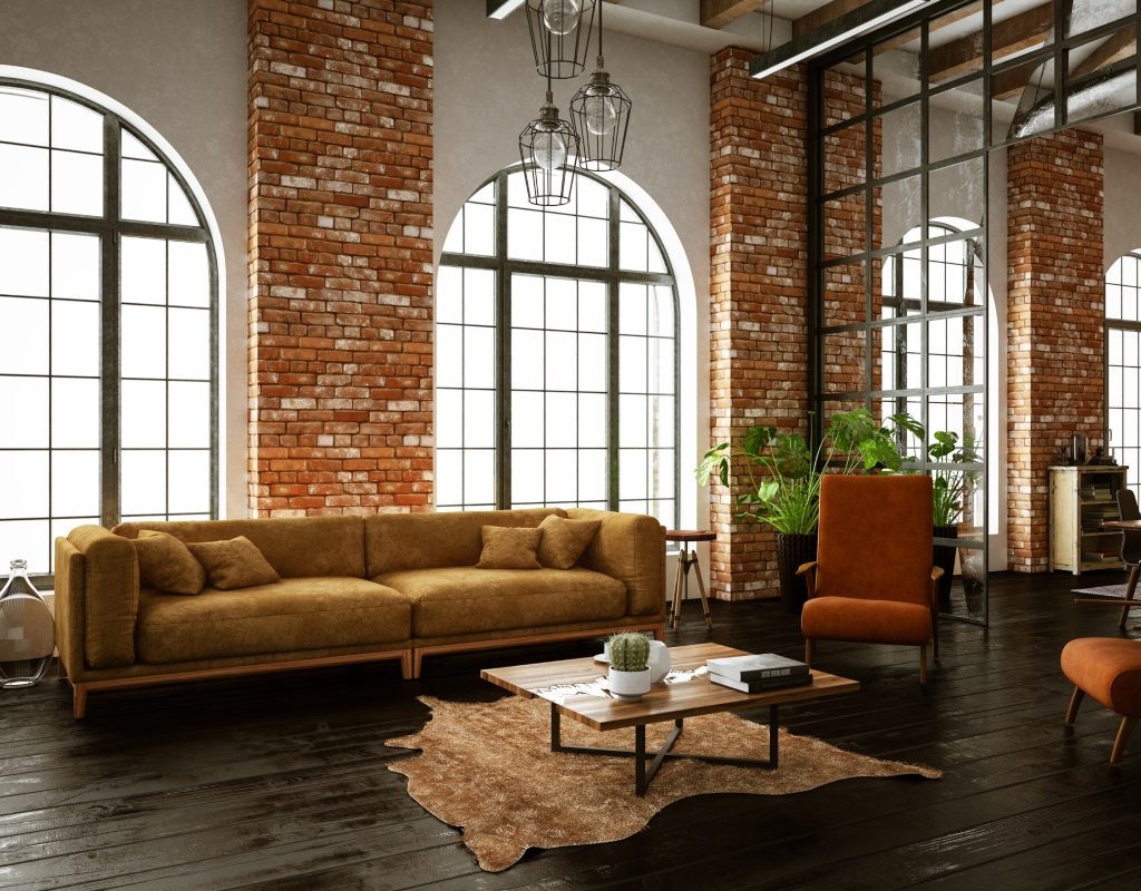 contemporary industrial living room with warm color palette