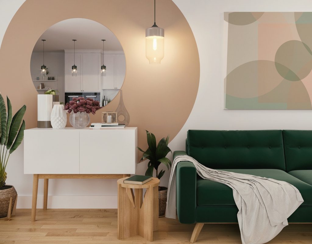 neutral and green color palette for living room design