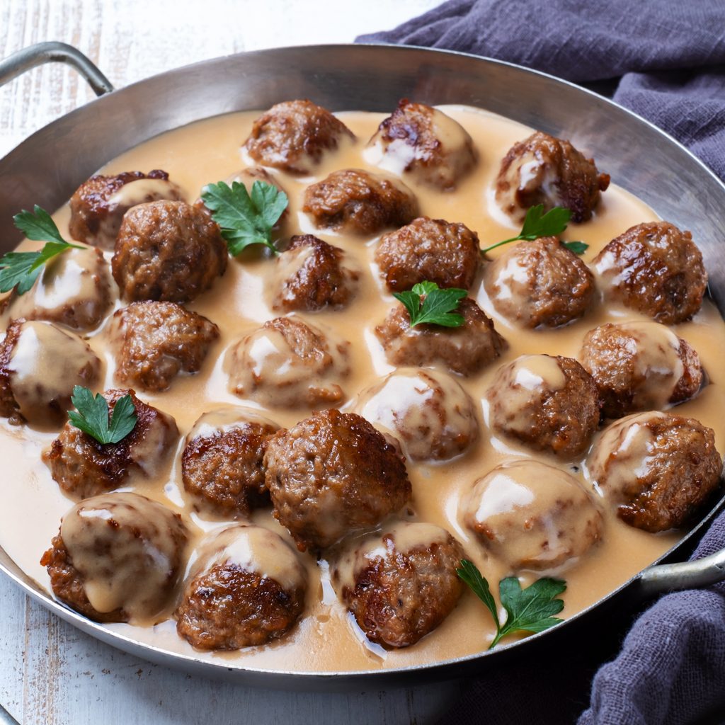 Swedish meatballs and light colored gravy in a silver pan