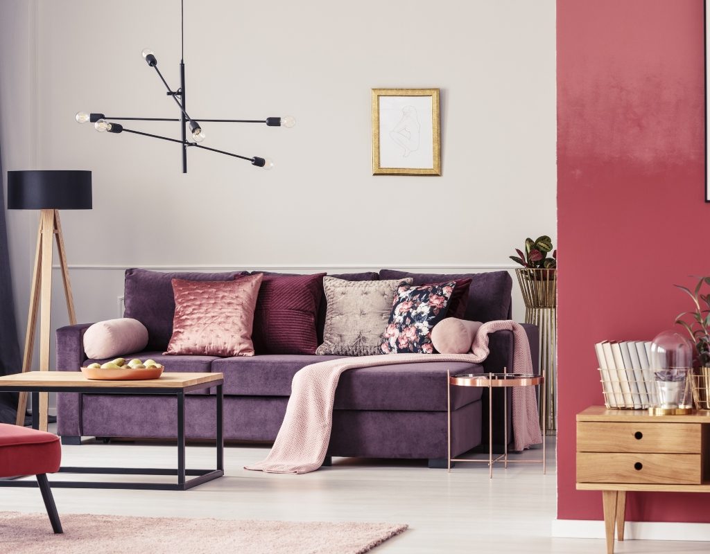 vibrant purple and beetroot color palette in living room