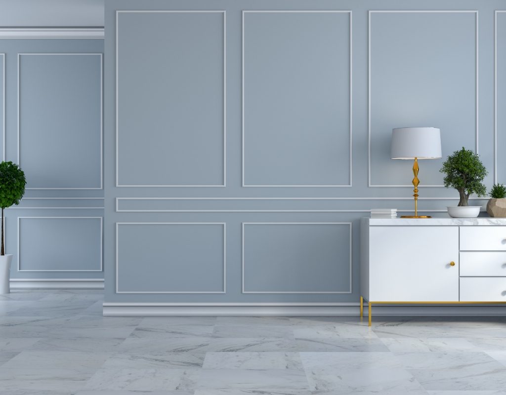 light blue modern room with marble flooring