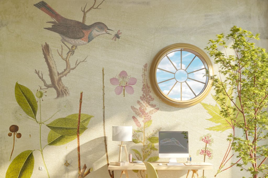 chinoiserie wallpaper design in an office space