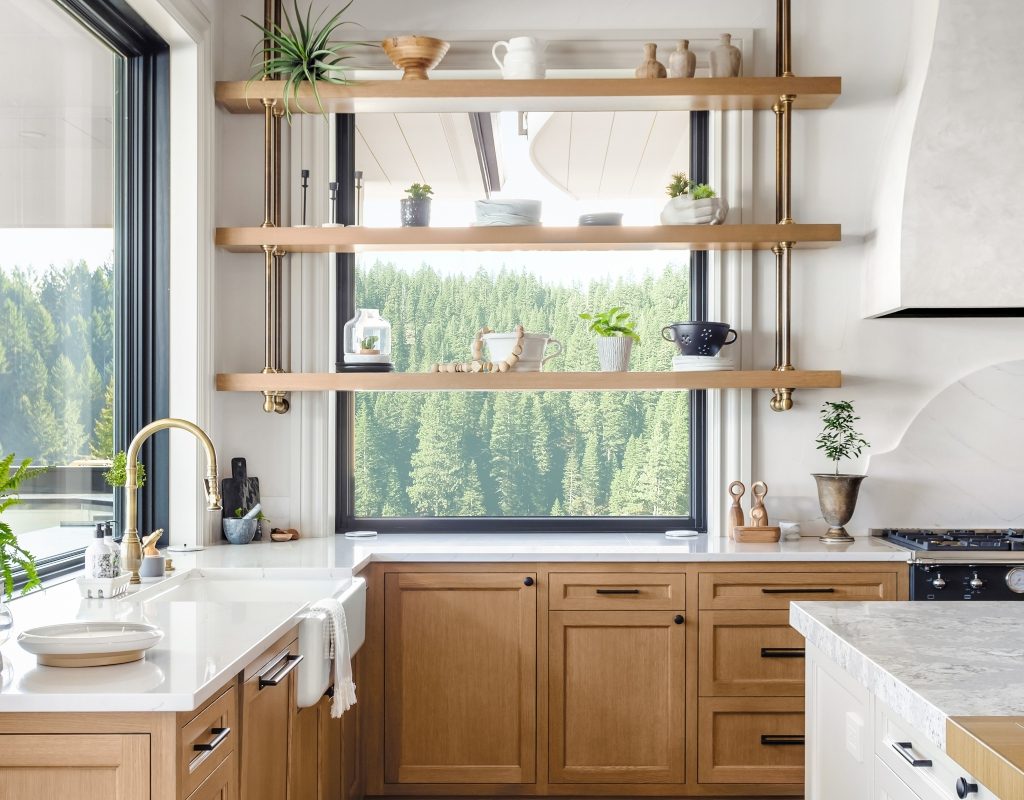 farmhouse style kitchen with open windows and shelving