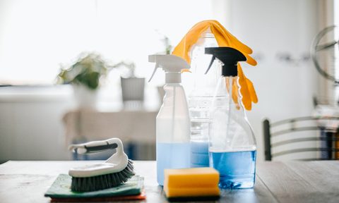 Cleaning supplies on a countertop