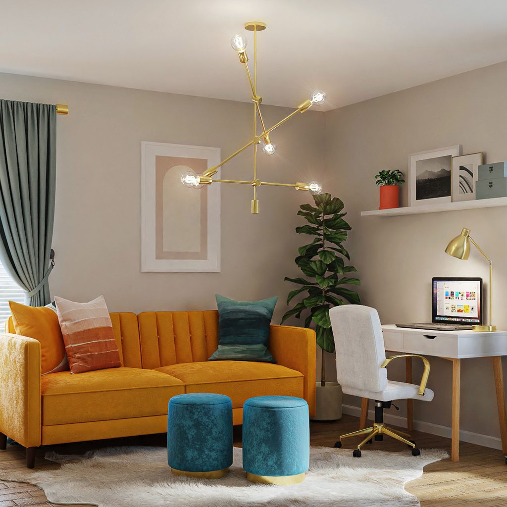 Living room with multiple types of lighting