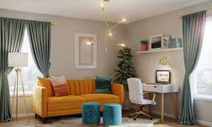 Living room with multiple types of lighting