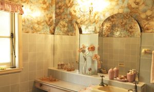 Midcentury inspired bathroom design with floral wallpaper