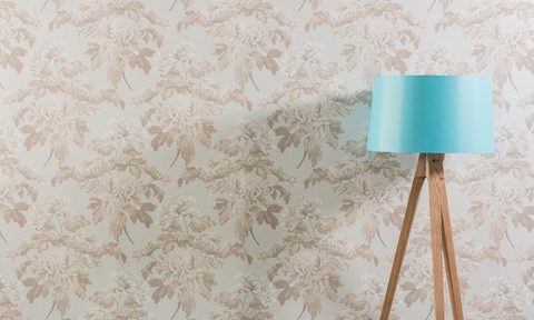 mid century modern wallpaper pink print with blue lamp