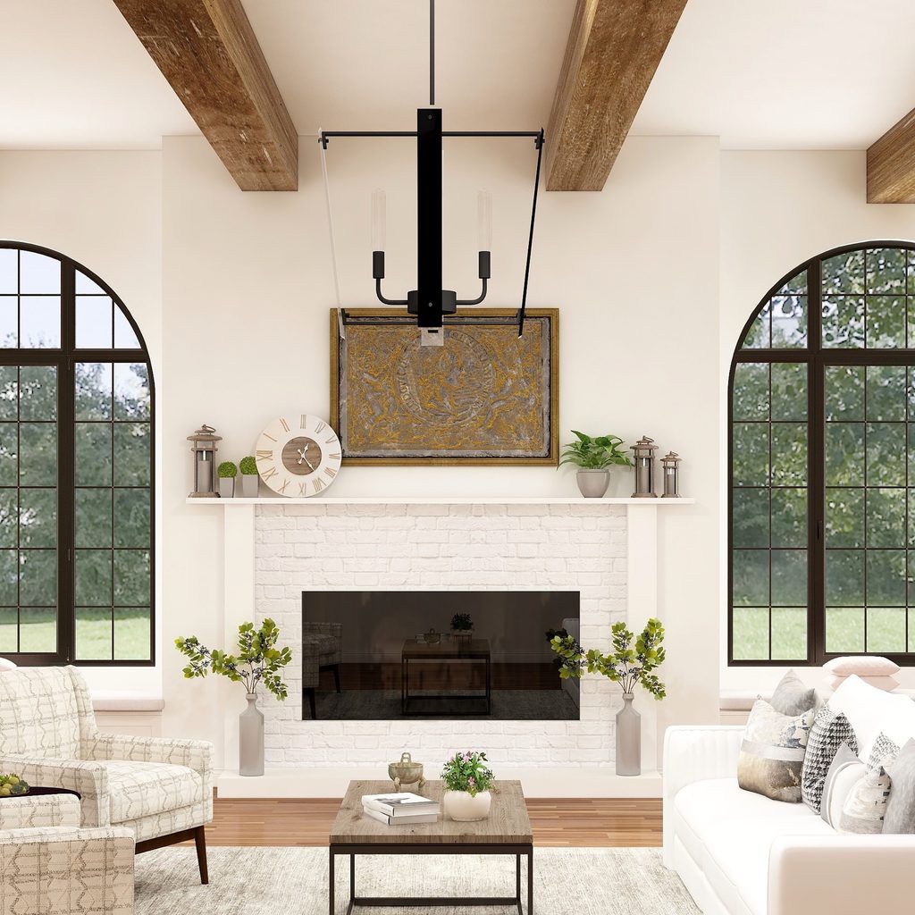 Modern farmhouse living room with exposed wood beams