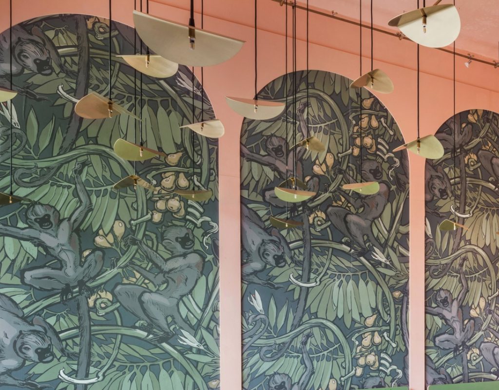 nature themed green wallpaper with pink background