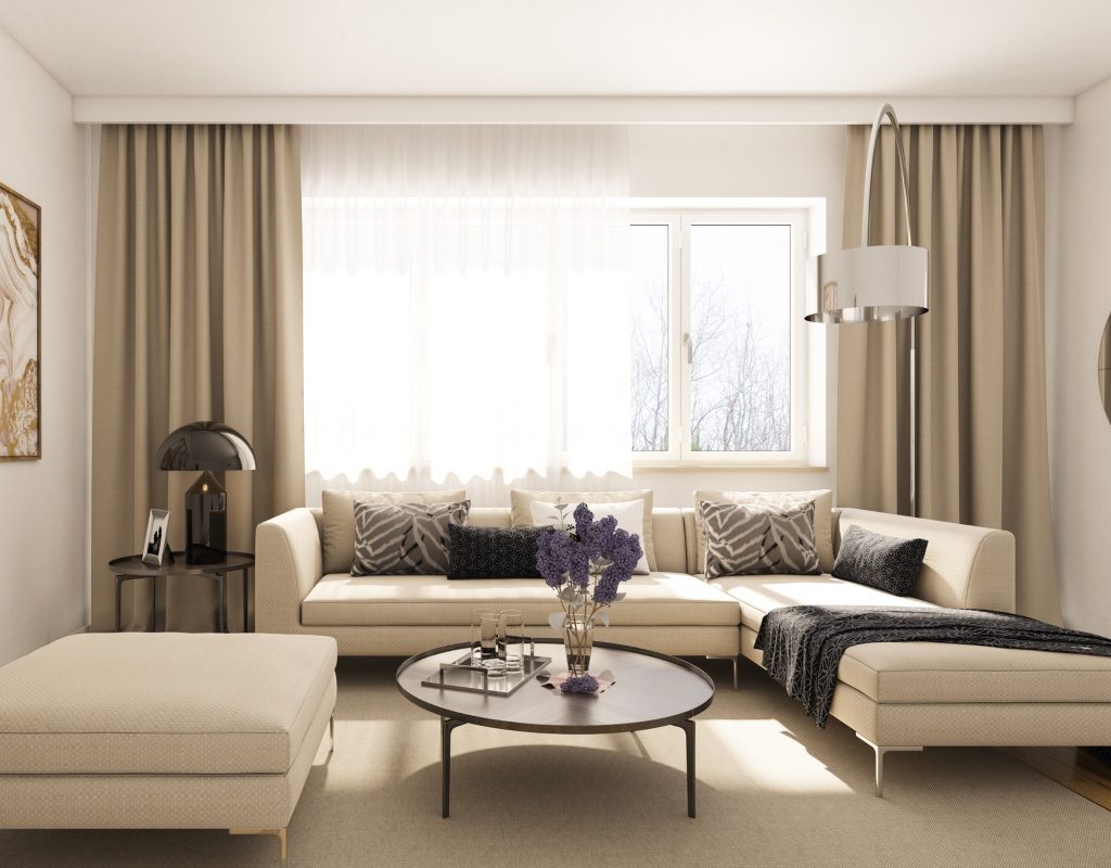 Neutral living room with tall curtains