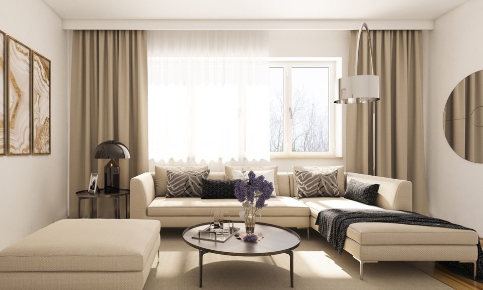 Neutral living room with tall curtains