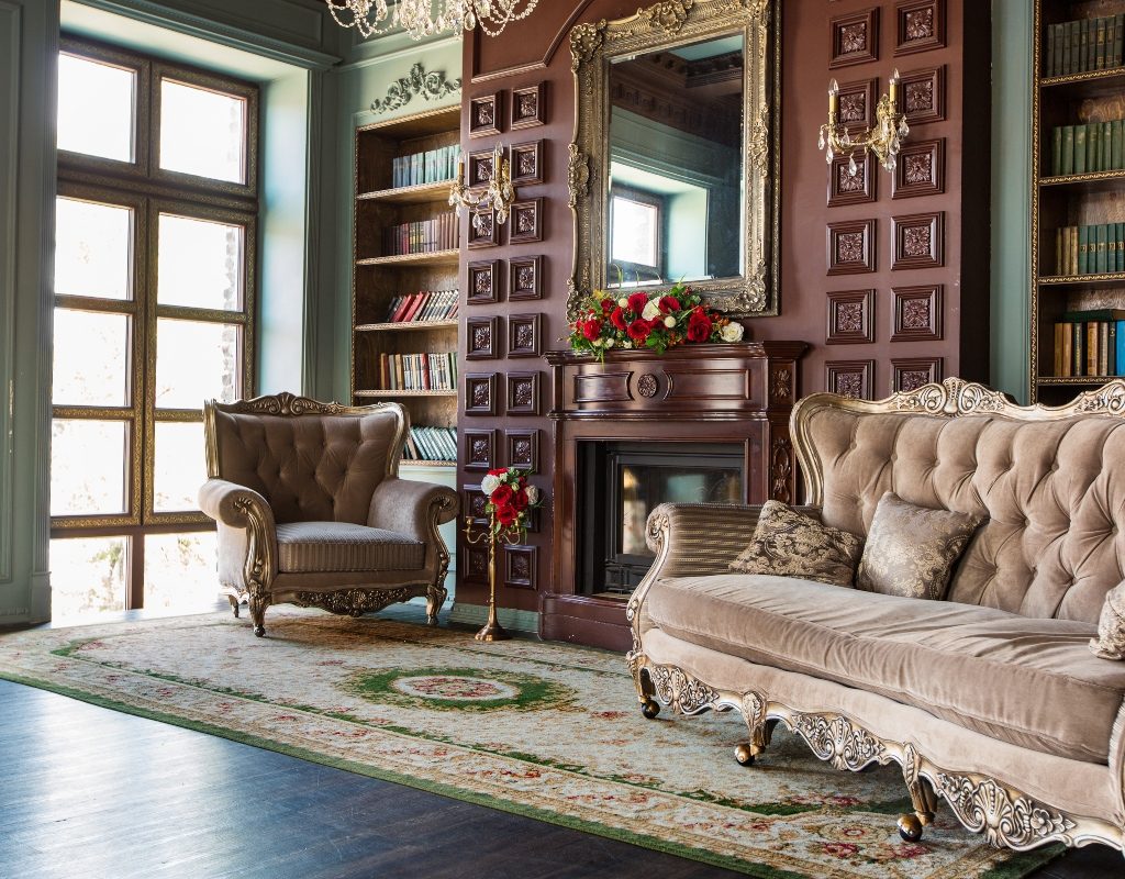 dark and ornate regency inspired home library design