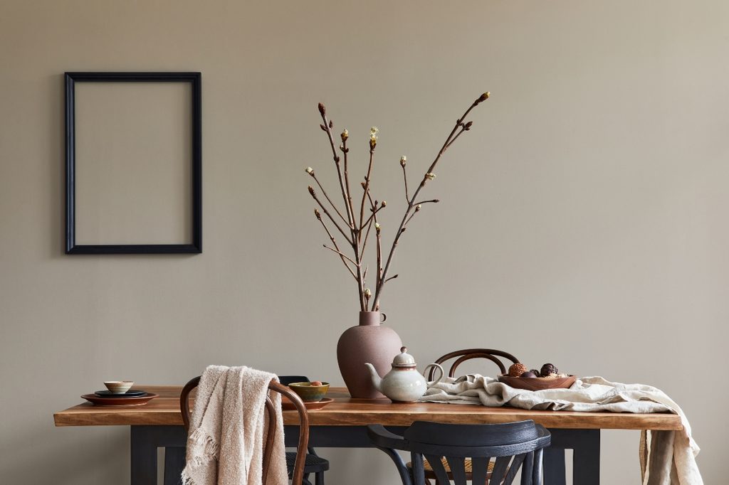 Rustic and Scandinavian design table with gray background