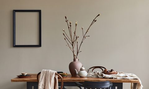 Rustic and Scandinavian design table with gray background