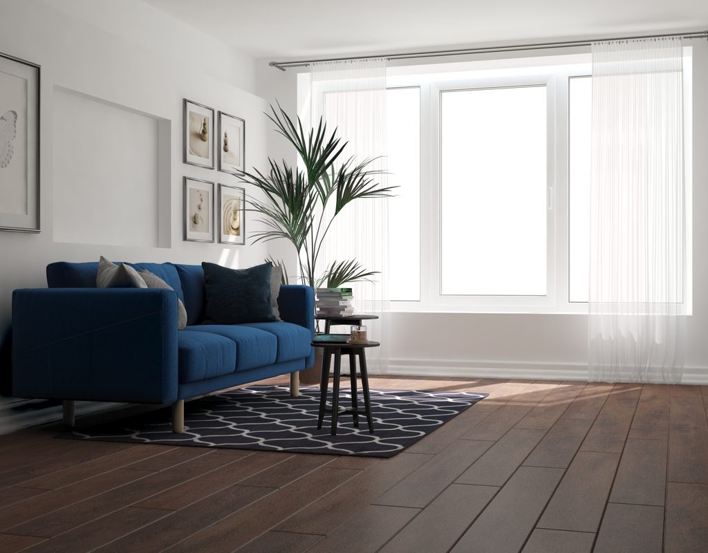 Simple living room with laminate floors and blue couch