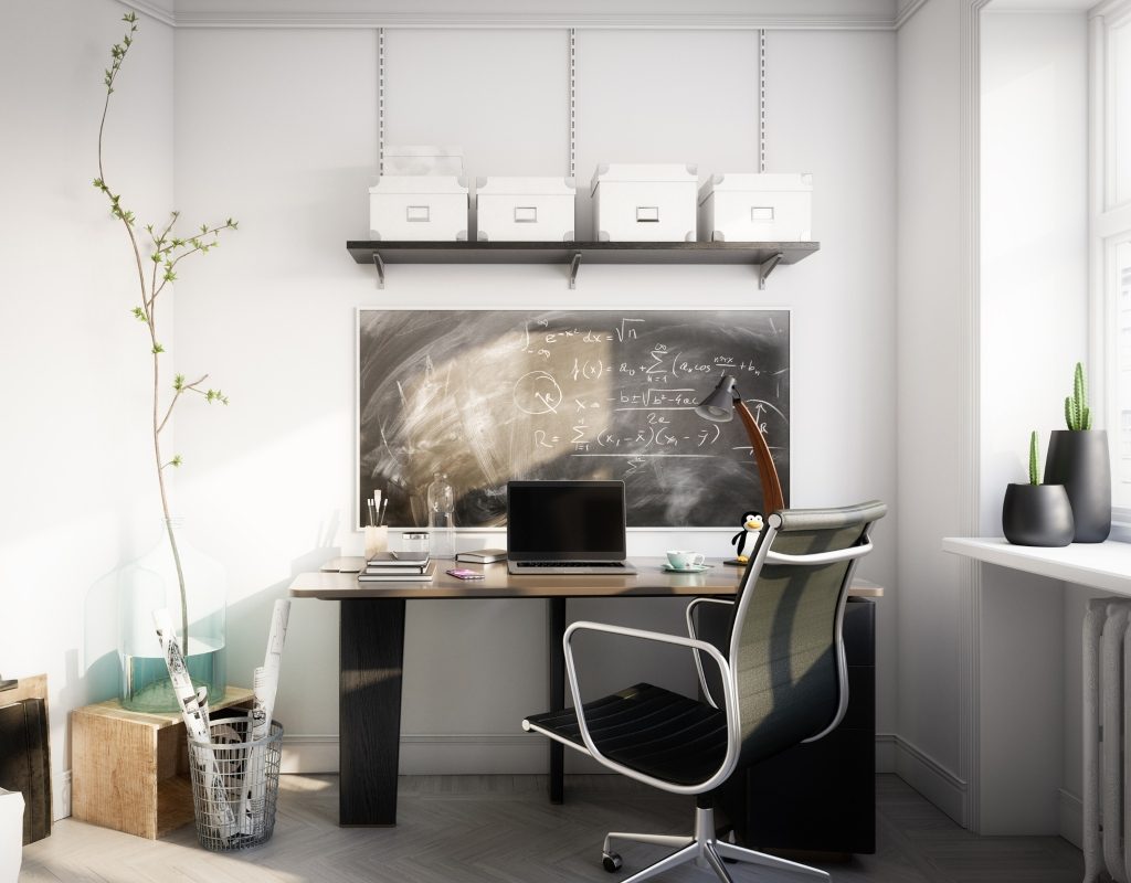 simple black and white corner home office setup