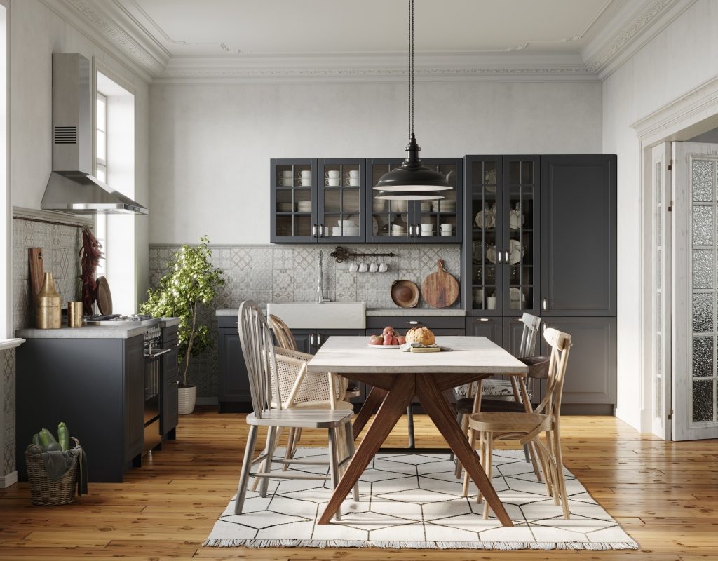 Small kitchen and dining room with black and white modern home design