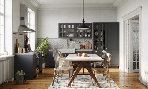 Small kitchen and dining room with black and white modern home design