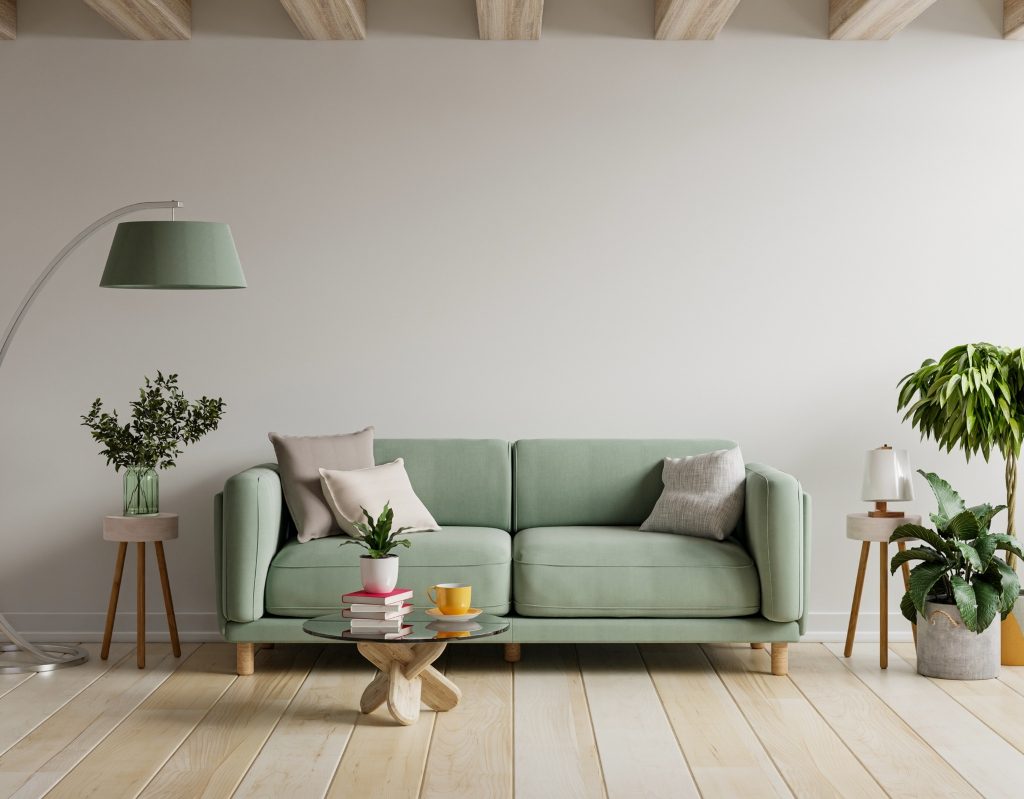 small living room design with pastel green sofa