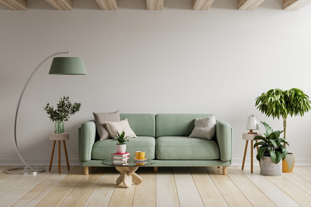 small living room design with pastel green sofa