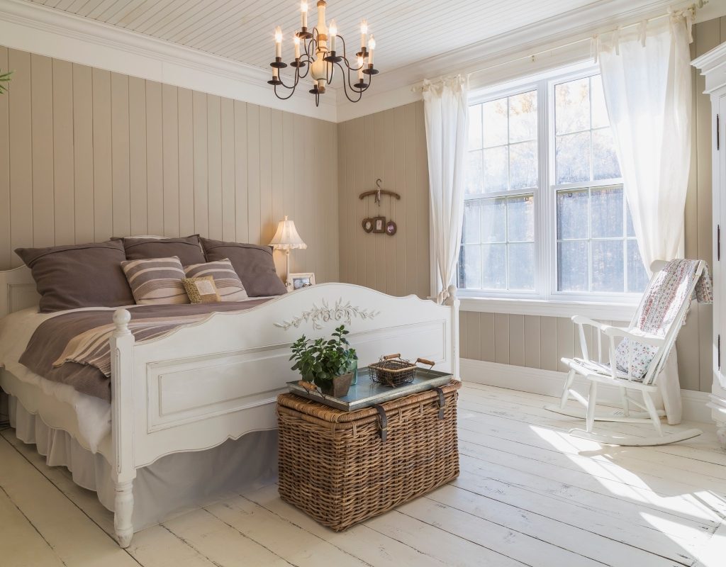 Taupe wall color in cottagecore bedroom design