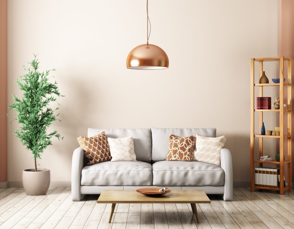 Modern living room design with warm taupe paint colors