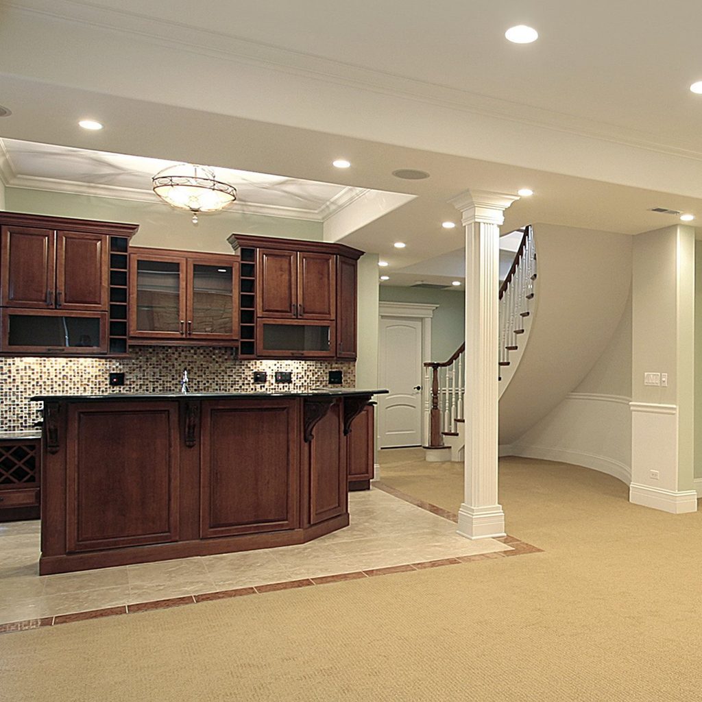 Green basement with bar