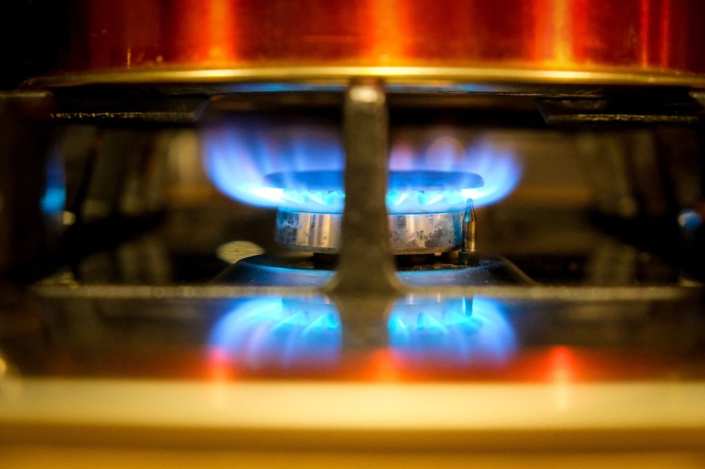 A close-up of a gas stove
