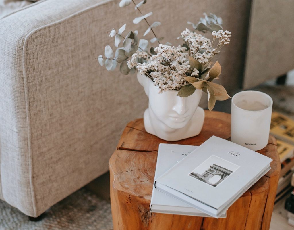 Wood log side table in modern living room